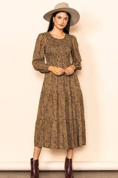 Smocked Chest Wide Flare Tiered Midi Dress w Pockets