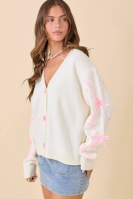 Hand Sewn Satin Ribbon Detail On Sleeve Cardigan