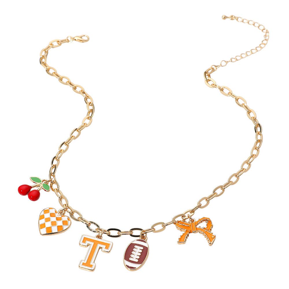 Football Theme Bow Cherry Heart Charm Station Necklace