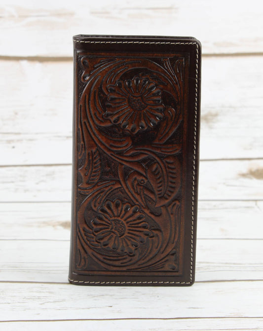 Tooled Leather Men's Long Wallet In Brown AB W05 Brown