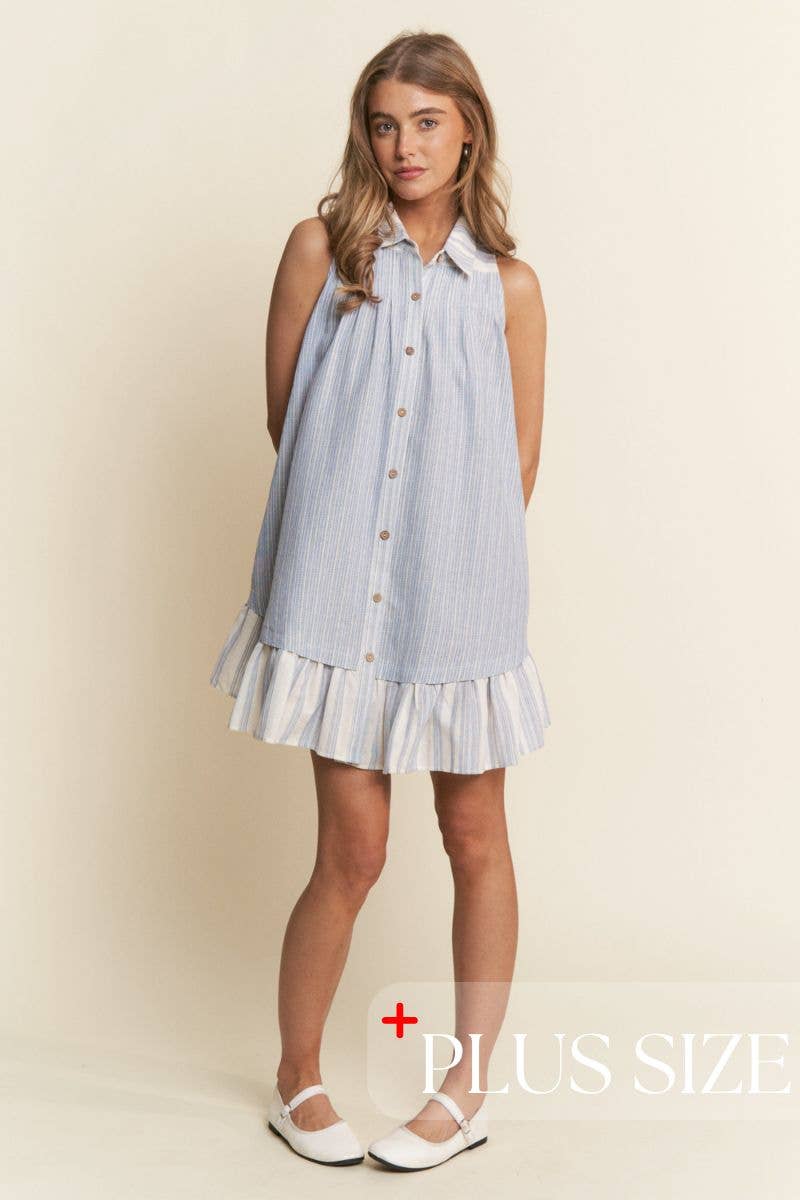 Button Down A-Line Striped Mini Dress 1X-3X