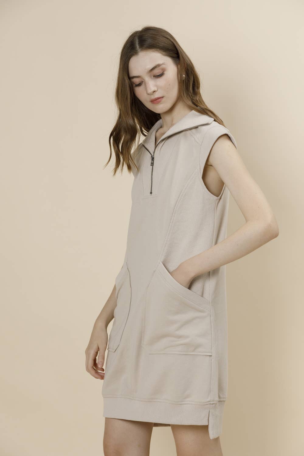 Zip-Up Front Cap Sleeve French Terry Lounge Mini Dress