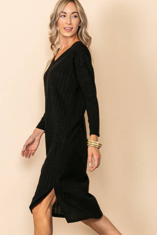 V Neck Long Sleeve Knit Dress With Side Slit