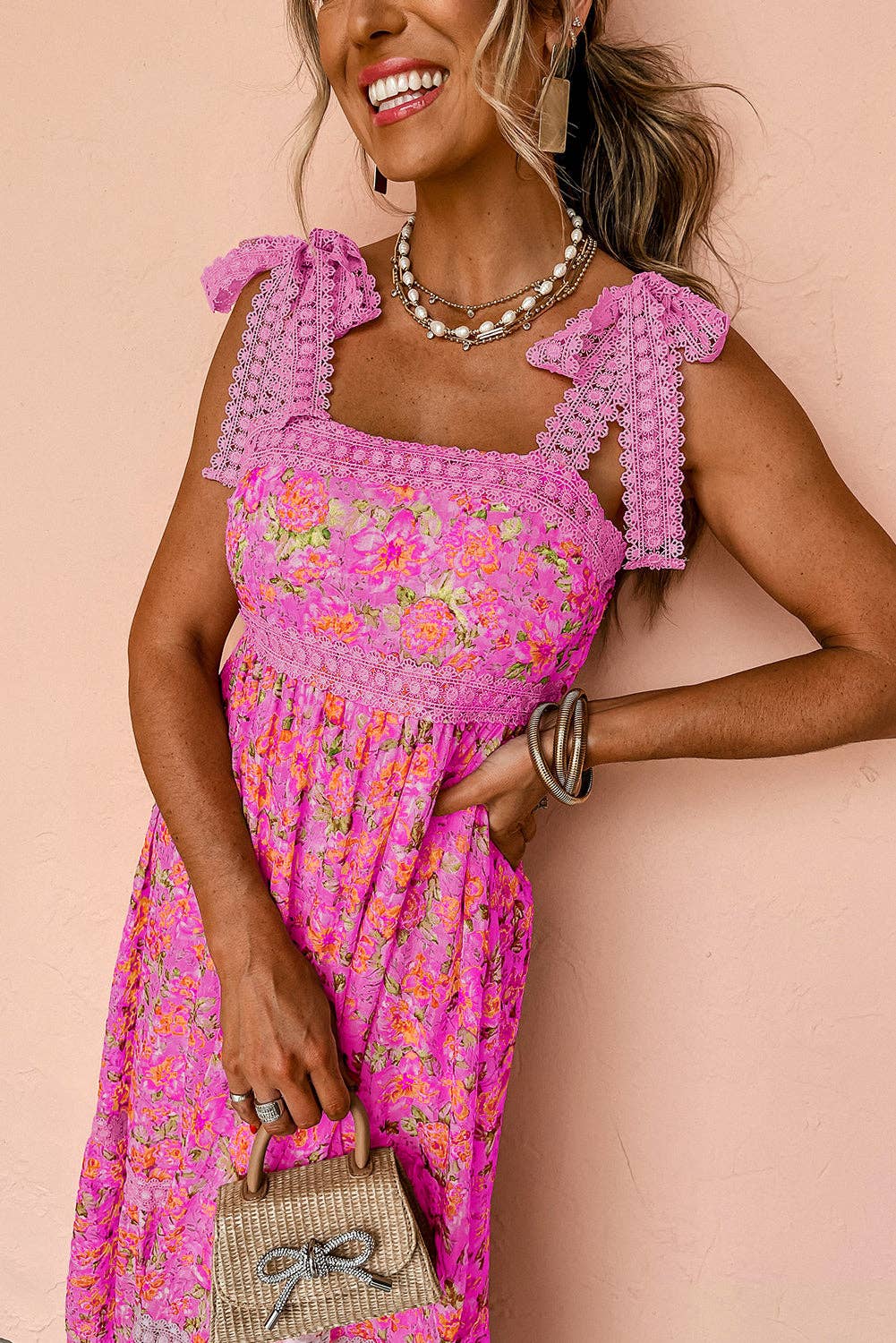 Floral Lace Tied Strap Empire Waist Maxi Dress