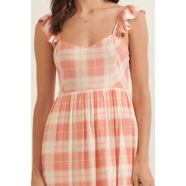 Plaid Sweetheart Sleeveless Open Back Maxi Dress : Coral