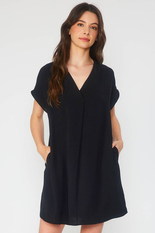 SOLID V NECK RELAXED FIT SHORT SLEEVE DRESS