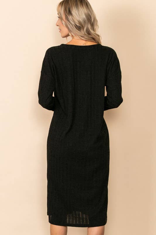 V Neck Long Sleeve Knit Dress With Side Slit