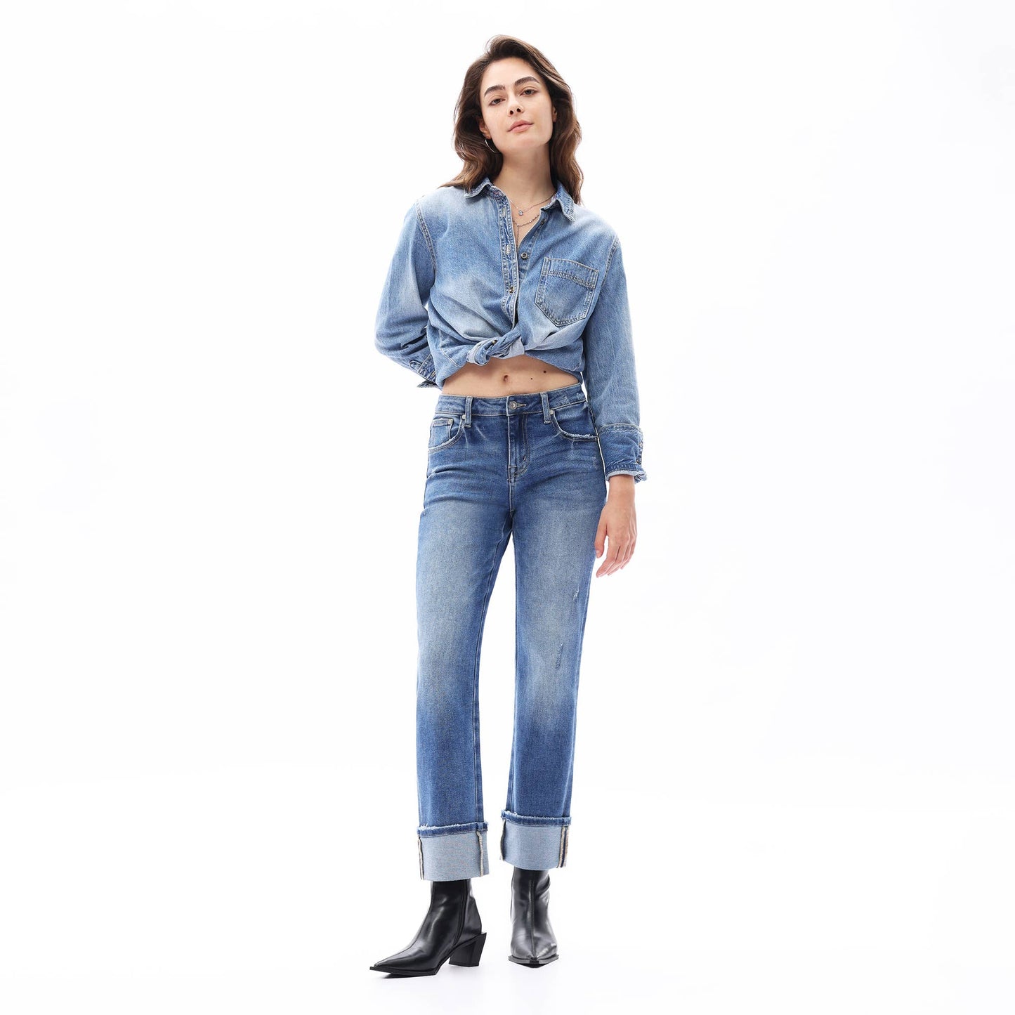 Mid Rise Cuffed Hems Straight Distressed Jeans OST5025