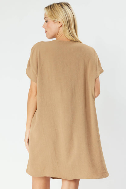 SOLID V NECK RELAXED FIT SHORT SLEEVE DRESS