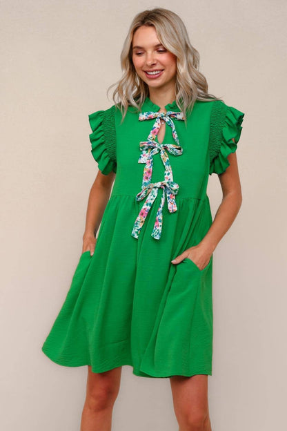 Plus Solid Woven Midi Dress W/ Floral Bow Tie