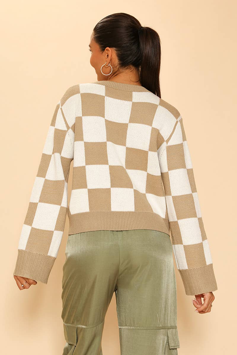 Checkered Sweater - Ribbed Hem, Cuffs and Collar