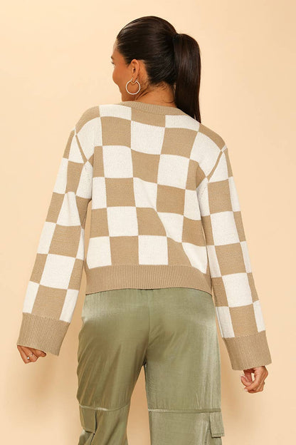 Checkered Sweater - Ribbed Hem, Cuffs and Collar