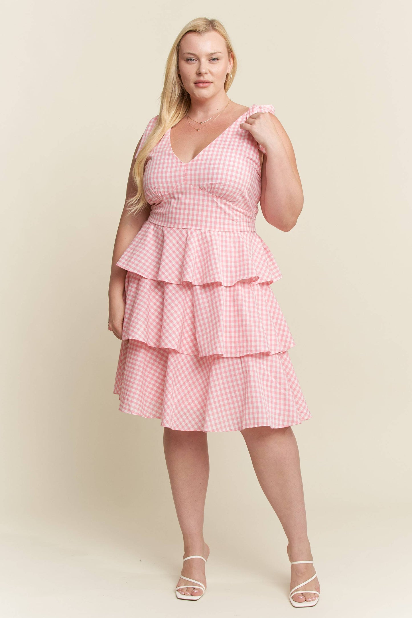 PLUS SIZE GINGHAM TIERED MINI DRESS