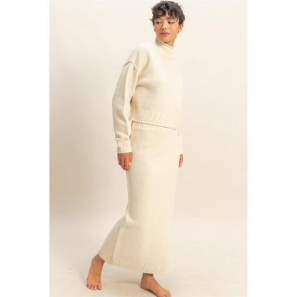 Textured High Neck Sweater & Skirt Set