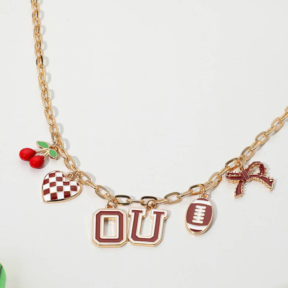 Football Theme Bow Cherry Heart Charm Station Necklace