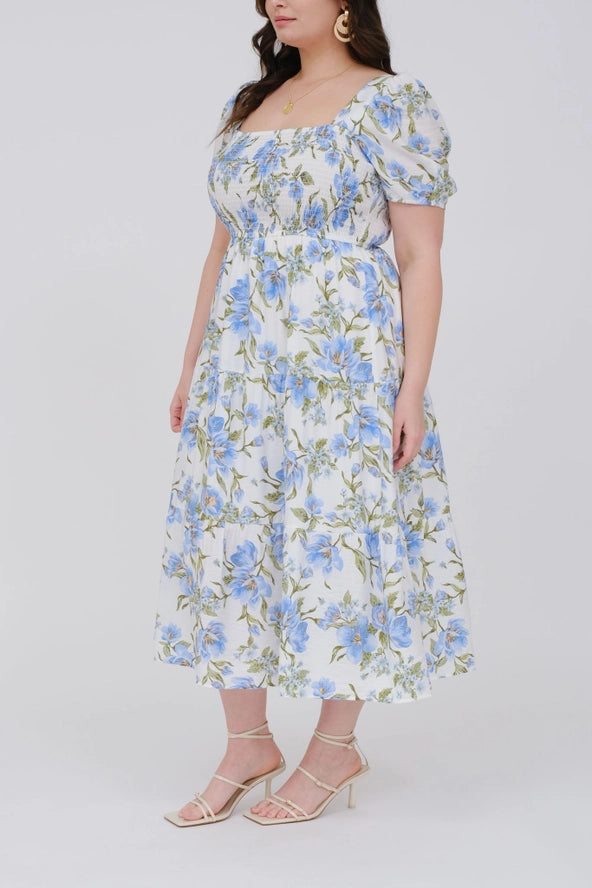 Plus Floral Smocked Bust Midi Dress- BLUE