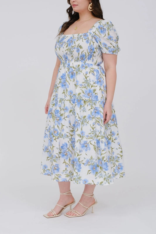 Plus Floral Smocked Bust Midi Dress- BLUE
