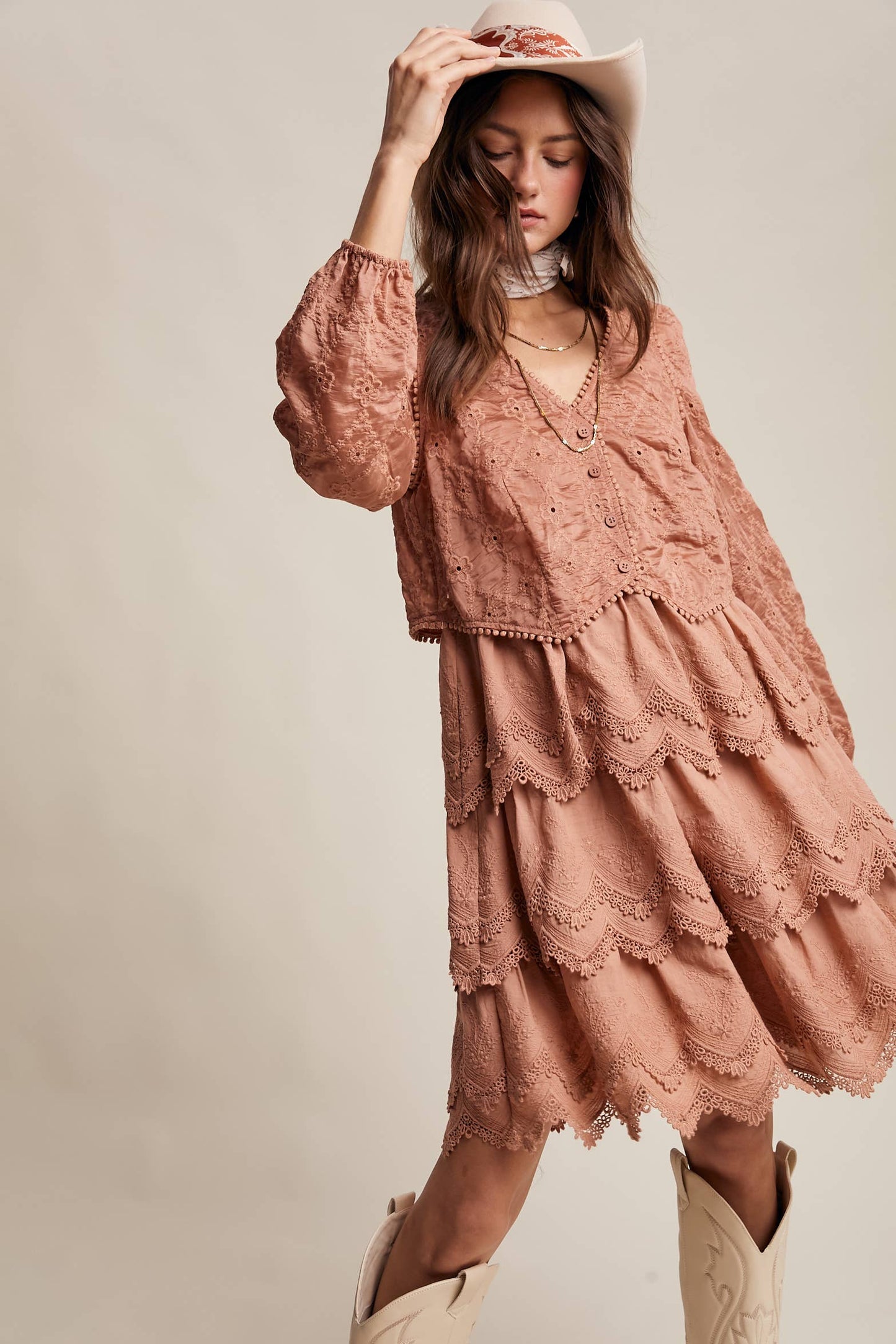 Tiered Scallop Embroidered Mini Dress