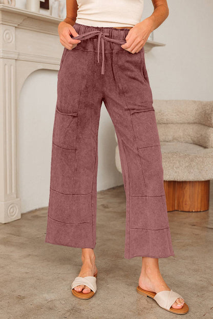 Mineral Wash Lace-up High Waist Raw Hem Patched Pocket Pants