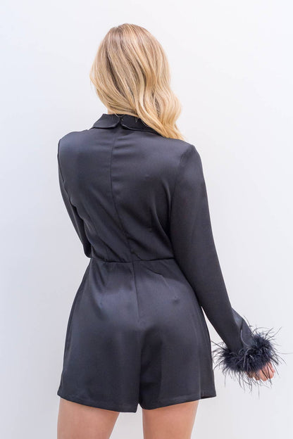 Satin romper with feather detail sleeve