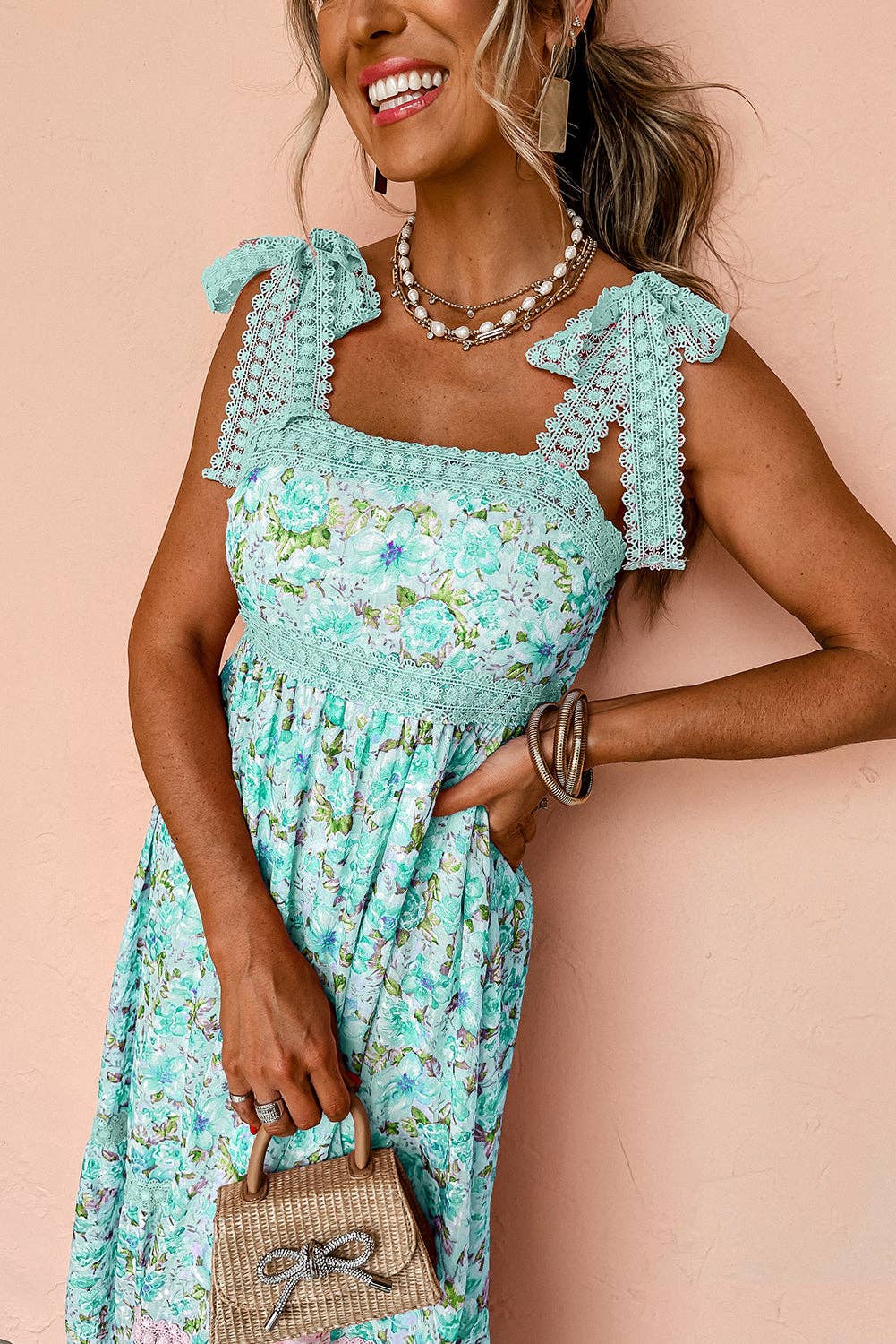 Floral Lace Tied Strap Empire Waist Maxi Dress