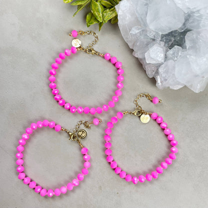 Barb// Hot Pink Neon Crystal Beaded Handknotted Bracelet