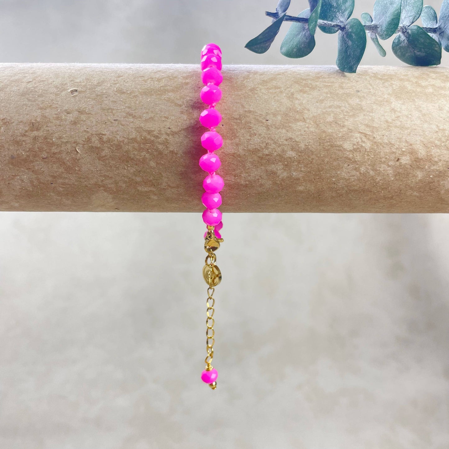Barb// Hot Pink Neon Crystal Beaded Handknotted Bracelet