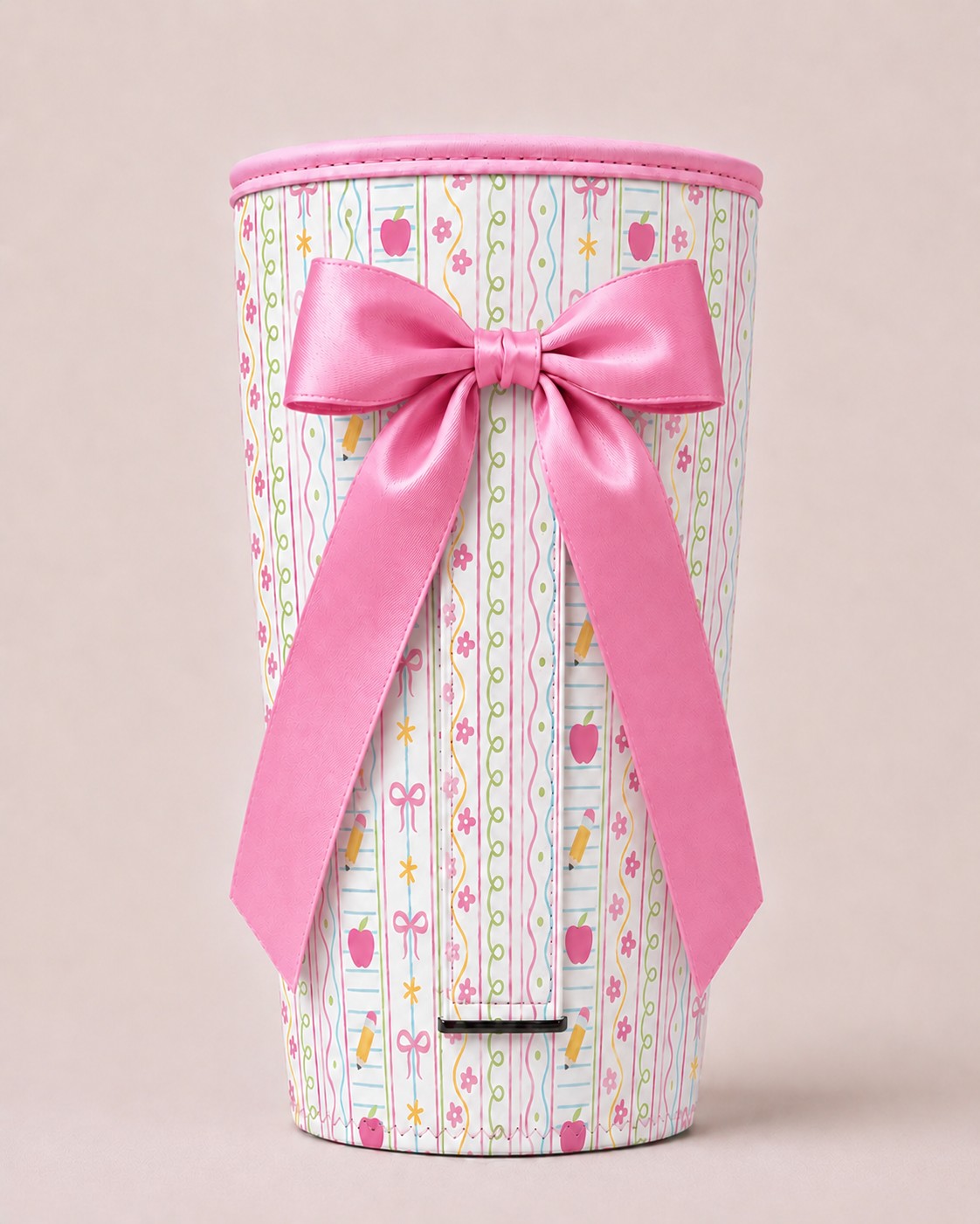 Teacher Stripes with Pink Bow Koozie