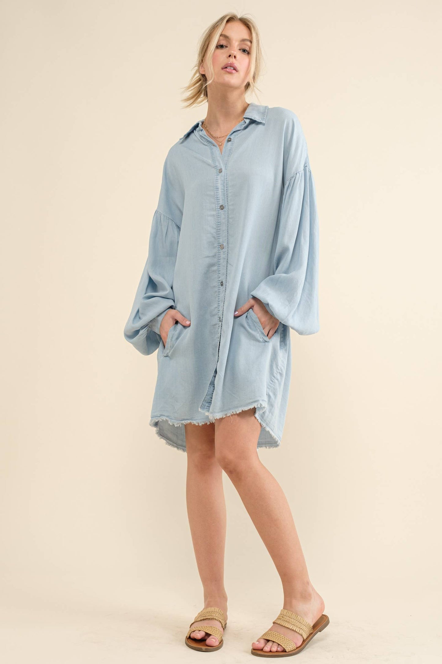 Raw Edge Hem Chambray Casual Dress