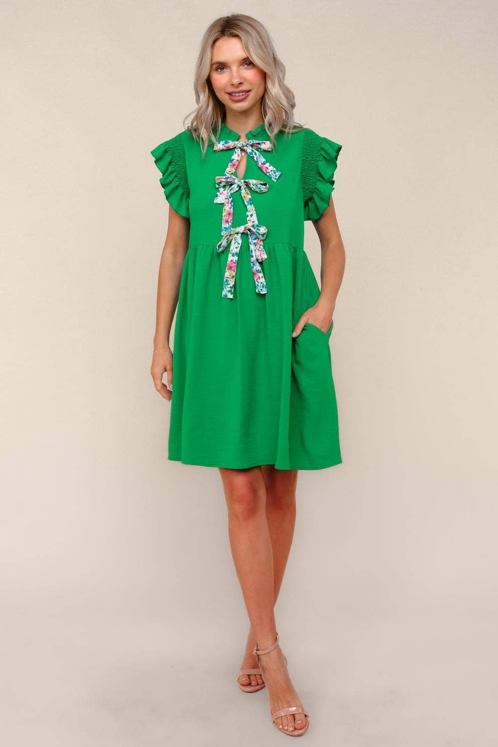 Plus Solid Woven Midi Dress W/ Floral Bow Tie