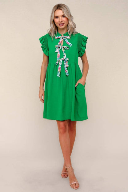 Plus Solid Woven Midi Dress W/ Floral Bow Tie