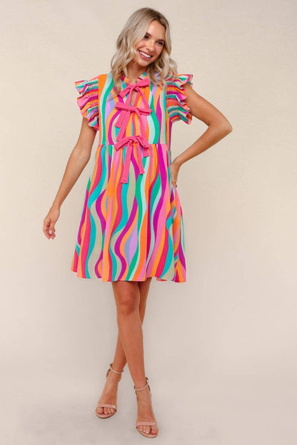 Plus Multicolor Dress W/ Cute Bow Tie Front