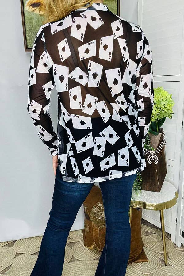 Sheer women's top poker printed mesh long sleeve