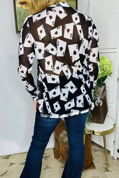 Sheer women's top poker printed mesh long sleeve