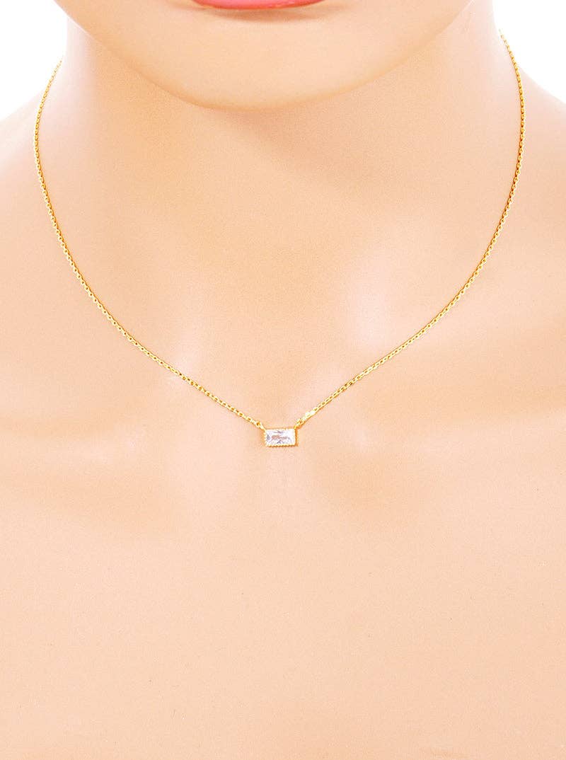 18K Gold Dipped Delicate Cz Rectangle Pendant Necklace