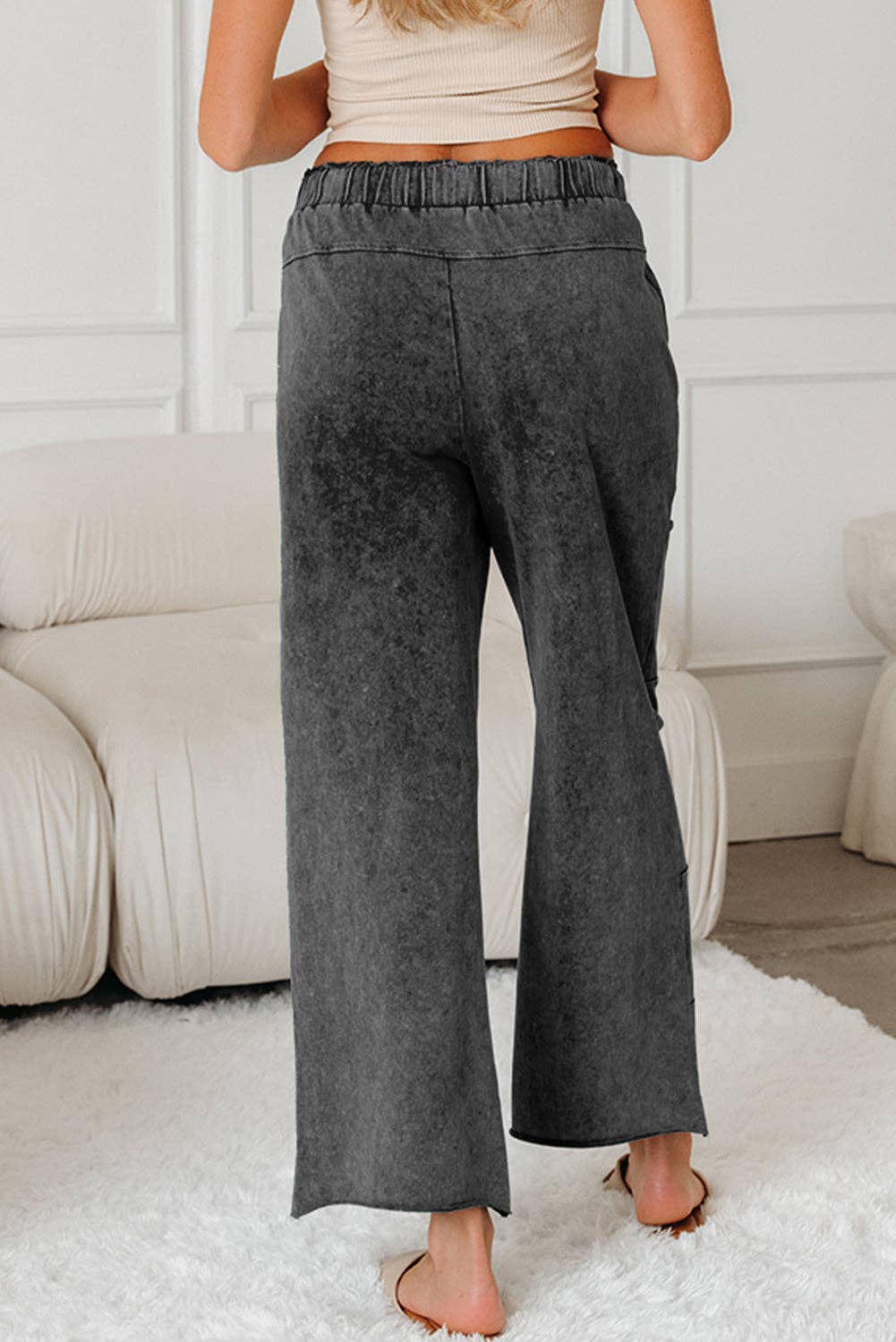 Mineral Wash Lace-up High Waist Raw Hem Patched Pocket Pants