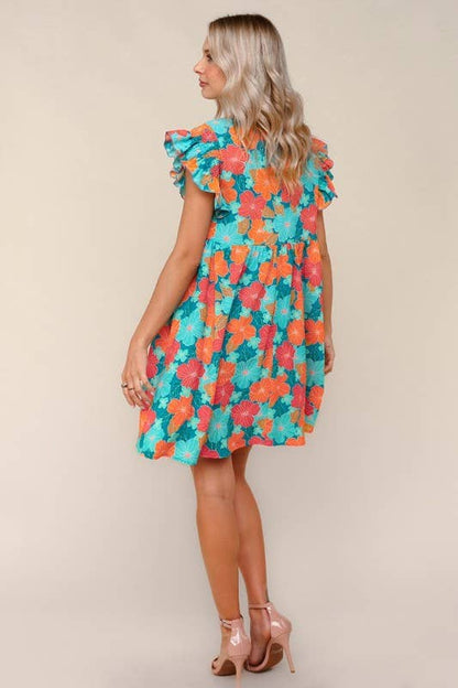 Floral Chiffon Dress W/ Ruffle Short Sleeves