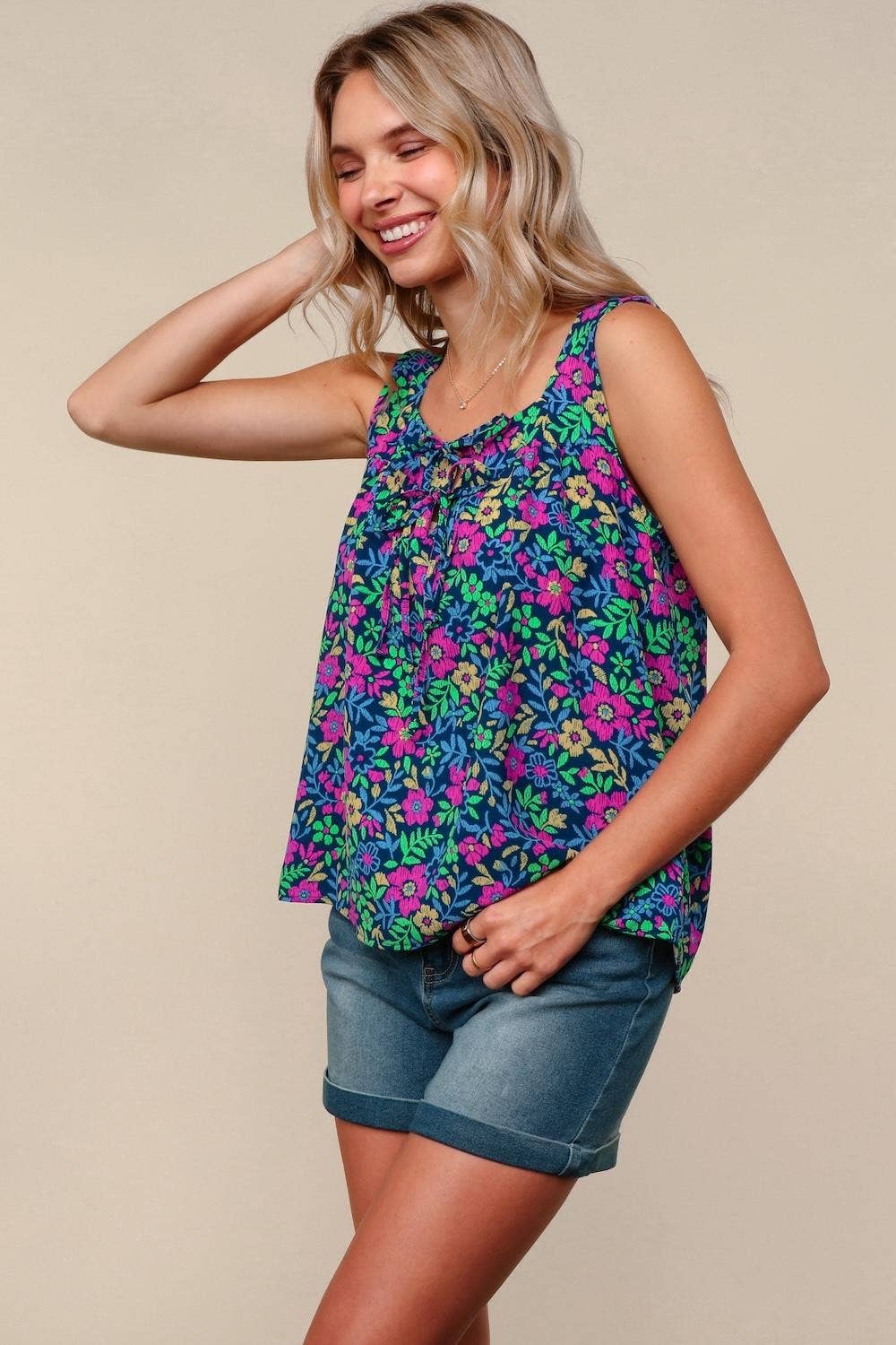 Floral Woven Blouse W/ Front Bow Tied Detail
