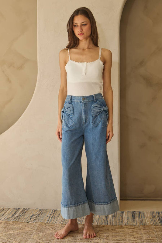 Washed Denim Wide Leg Pants