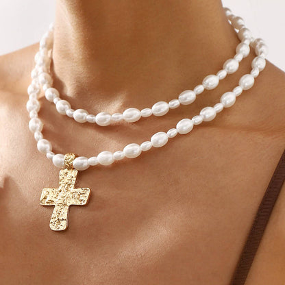 LUSTROUS FAUX PEARL BEADED LAYERED CROSS NECKLACE