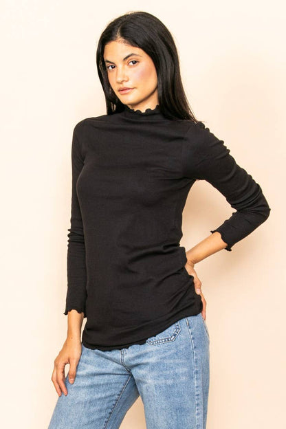Mock Neck Merrow Detail Ribbed Long Sleeve Top