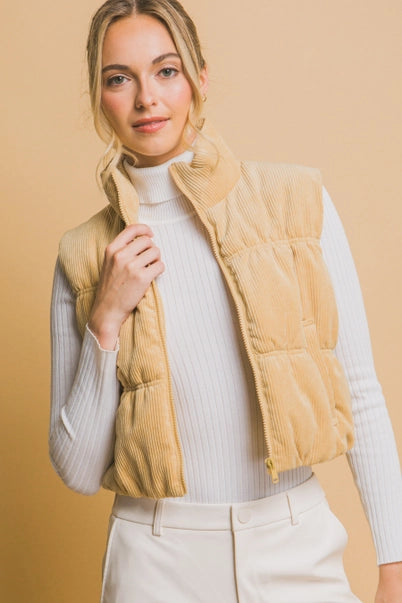 CORDUROY ZIP UP PUFFER VEST WITH POCKETS: Mellow