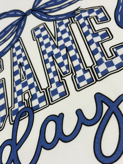 Game Day Blue Checkered Bow White T-Shirt