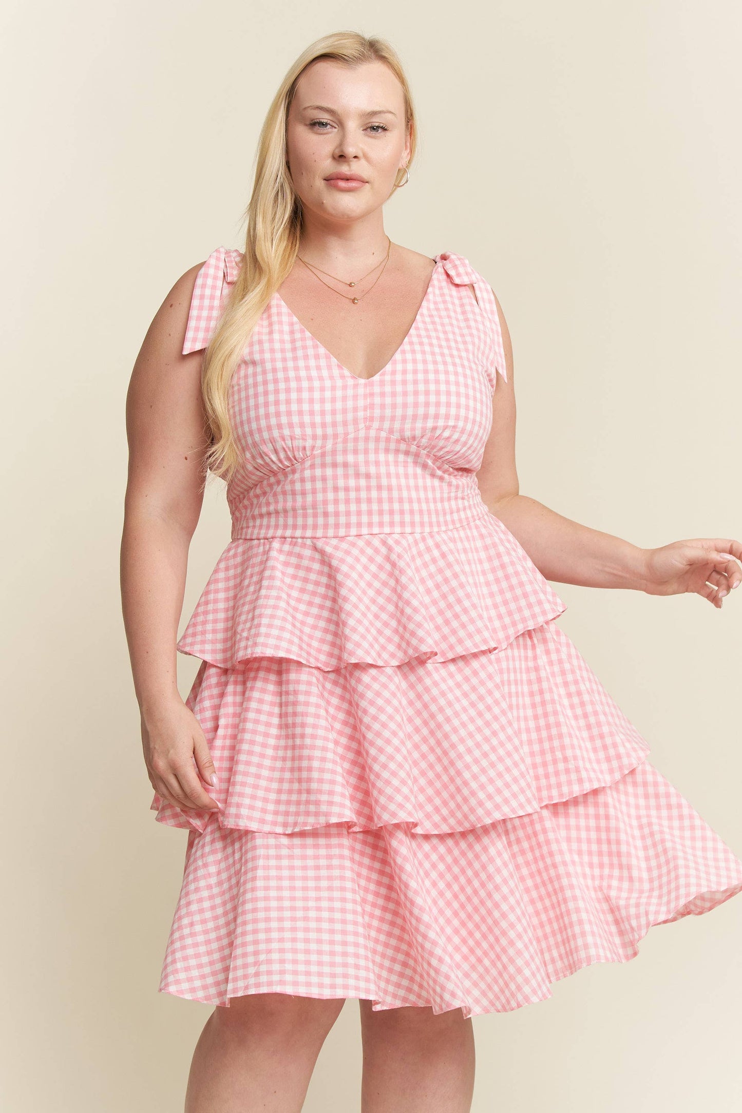 PLUS SIZE GINGHAM TIERED MINI DRESS