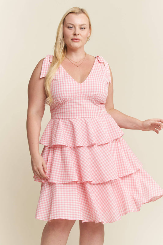 PLUS SIZE GINGHAM TIERED MINI DRESS