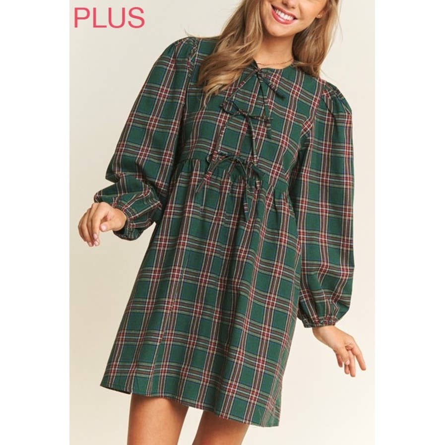 PLUS SOFT PLAID  BABYDOLL BOW MINI DRESS