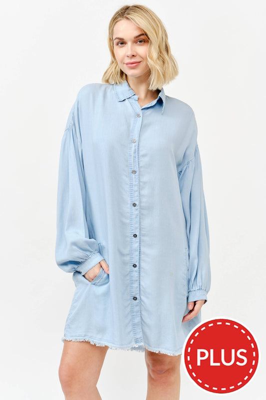 Plus Size Raw Edge Hem Chambray Casual Dress