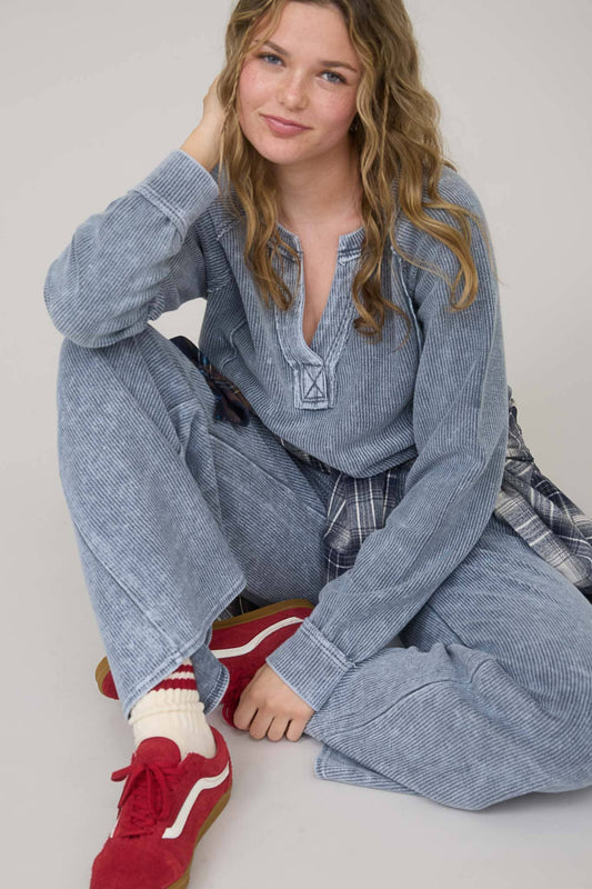 WASHED HIGH WAIST DRAWSTRING LOUNGE PANTS