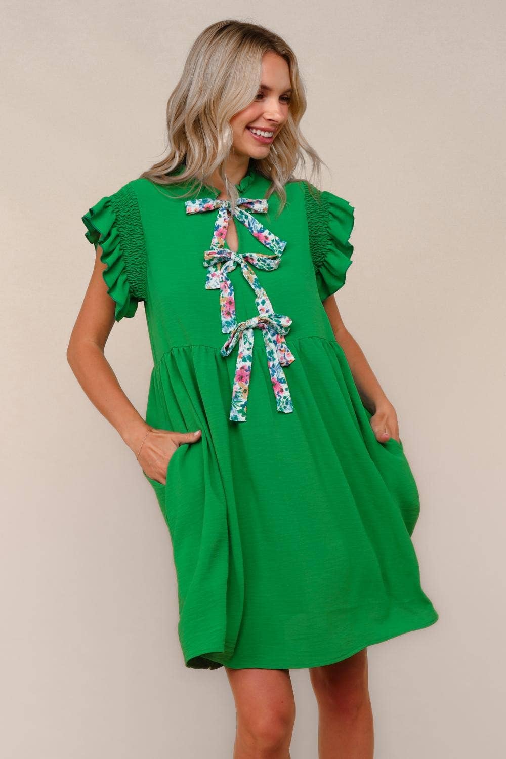 Plus Solid Woven Midi Dress W/ Floral Bow Tie