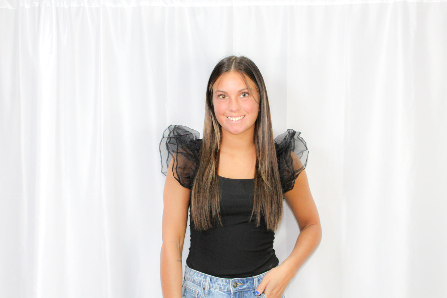 Solid Scoop Neck Tulle Sleeve Rib Knit Bodysuit: Black